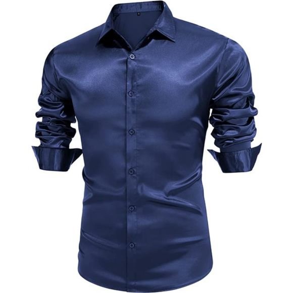 NEW Men's Luxury Navy Blue Silk Shirt - Picture 2 of 5